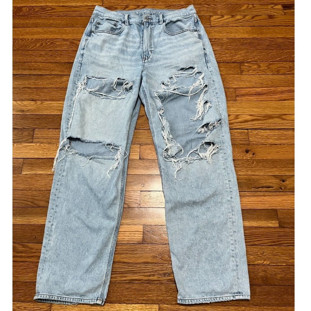 American Eagle Womens Baggy Jeans Size 12 Blue Distressed Destroyed Denim Pants